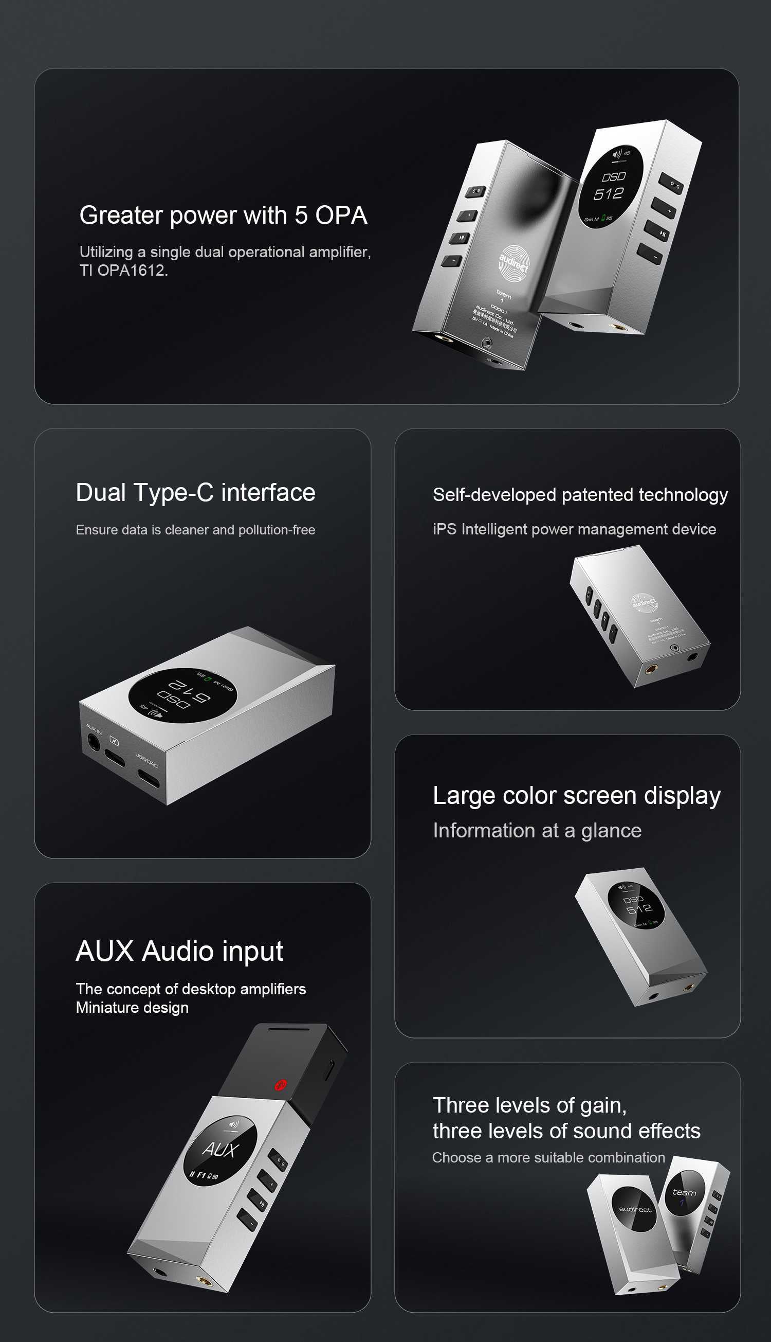 Audirect Team 1 USB DAC / Headphone Amplifier, 3.5mm & 4.4mm Outputs, 1300 mAh Battery DACs Audirect Digital to Analog Converters(DACs) Headphone Amplifiers